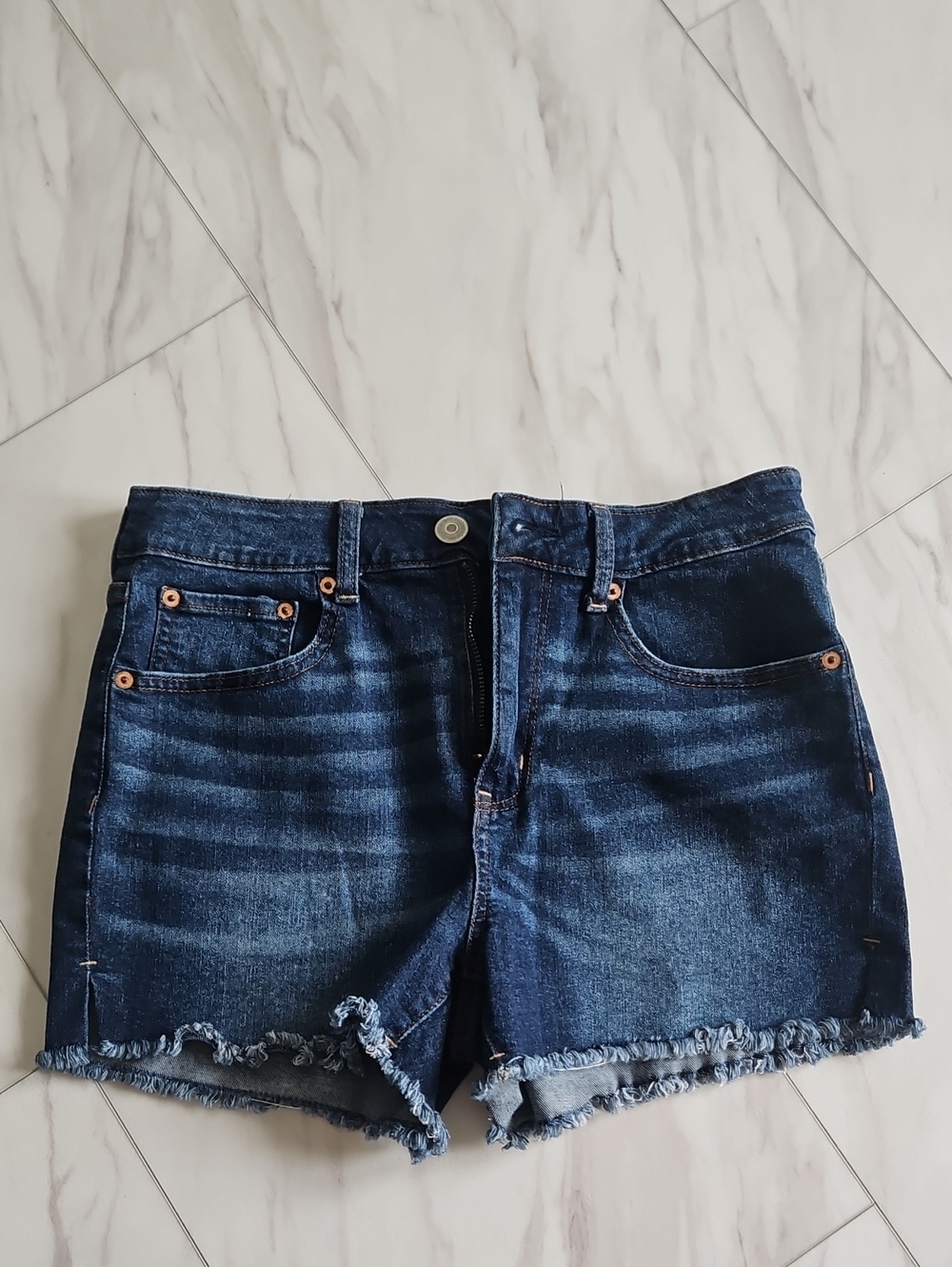 Dark Blue Frayed Hem Denim Shorts